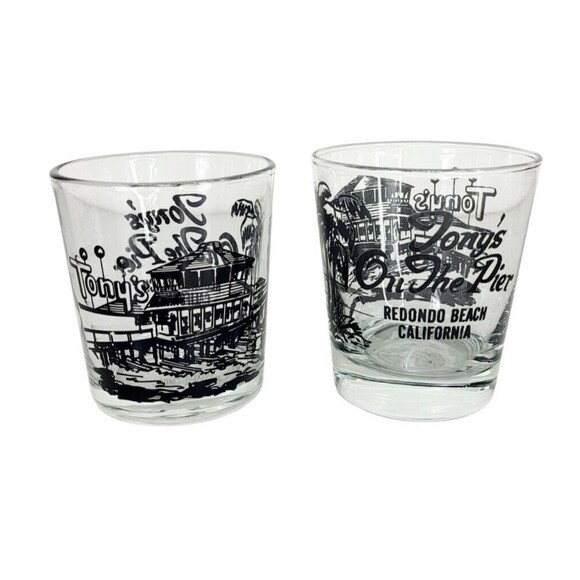 Vintage 60s MCM Tony's On The Pier Redondo Beach California Glass Rocks Glasses - Picture 4 of 15